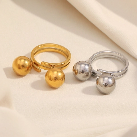Anillo De Doble Esfera De Acero Inoxidable Chapado En Oro De 18K Espiral Geométrico Joyería De Dedo Para Mujer