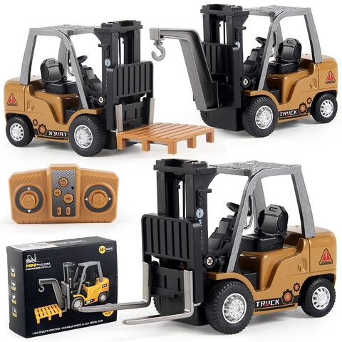 1:64 Scale Mini Remote Control Forklift Crane Alloy Engineering Vehicle Model 8 Channel Simulation Lifting Toy Car For Kids Boys