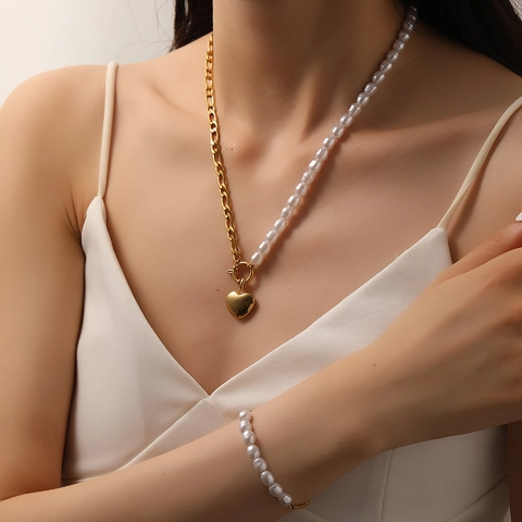 Ensemble Collier Bracelet Boucles d'Oreilles en Acier Inoxydable 316L Avec Pendentif Cœur et Perles Asymétriques Bijoux pour Femmes