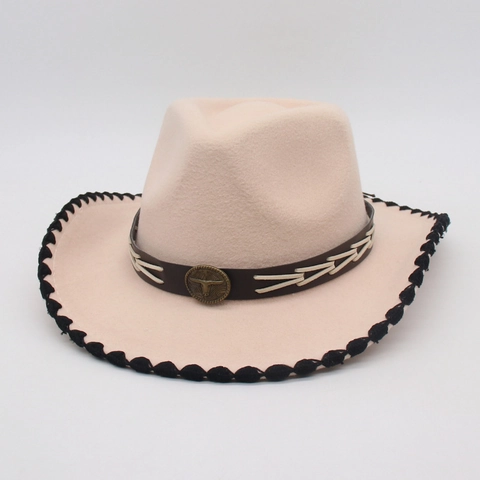 Vintage Western Cowboy Hat For Men Women With Bull Head Badge Leather Band Braided Trim Cotton Polyester Felt Retro Outdoor