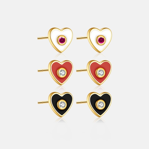 Orecchini a Bottone a Cuore in Argento Sterling 925 per Donna Smalto Cuore Placcato Oro Strass Orecchini Semplice Moda Gioielli Regalo