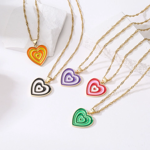 Heart Pendant Necklace Copper 18K Gold Plated Enamel Concentric Colorful Layered Jewelry For Women Girls
