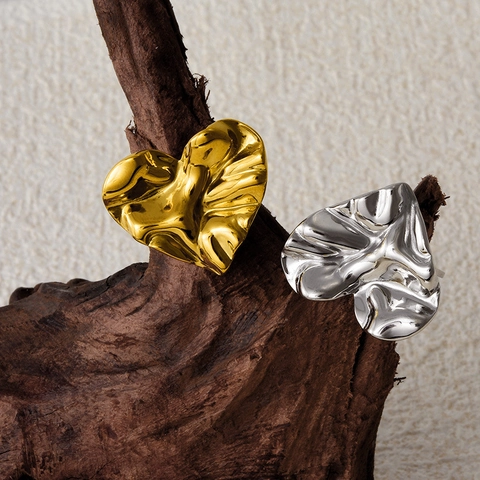 Heart Ring 304 Stainless Steel Irregular Wrinkled Texture Melted Lava Style Adjustable Open Band Fashion Jewelry Women