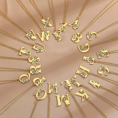 Alphabet Initial Anhänger Halskette Edelstahl Hohl Blume Design Gold Vergoldet Romantischer Schmuck Für Damen