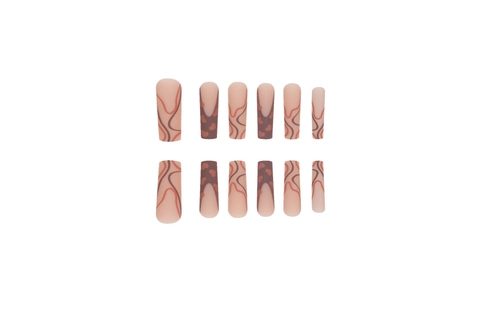 Uñas Postizas Largas De Ataúd Mate Marrón Rosa Nude Patrón De Corazón Líneas Abstractas Manicura Diaria
