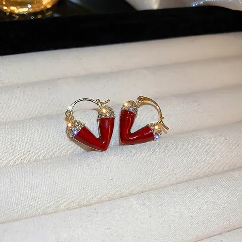 Red Heart Geometric Earrings With 925 Sterling Silver Earring Post Enamel Artificial Pearl Rhinestone Retro Jewelry For Women