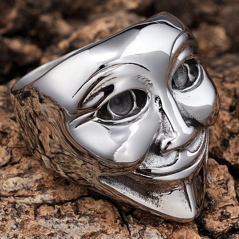 Stainless Steel Mask Ring Polished Vintage Gothic Smiling Face Wide Band Fashion Jewelry For Men And Women Cool Punk Accessory