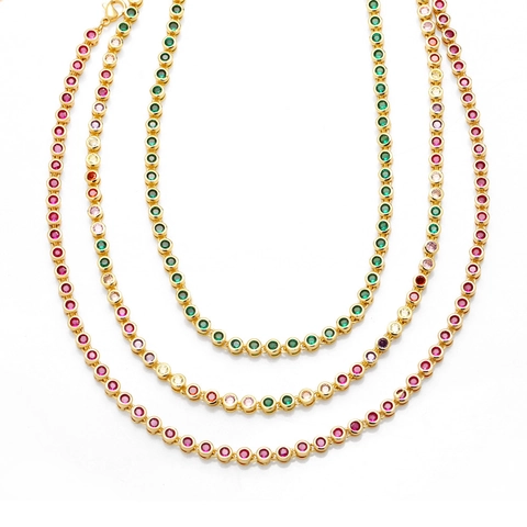 Colorful Tennis Necklace Copper With Cubic Zirconia 18K Gold Plated Adjustable Clavicle Chain For Women Hip Hop Style