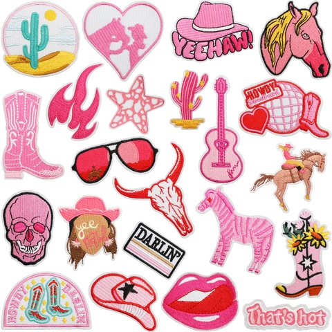 Cowgirl Style Embroidery Patches Pink Polyester Western Theme Boots Hat Cactus For Clothes Bag Decoration Aesthetic Fashion