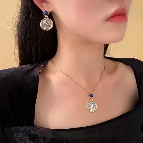 Set Gioielli Collana Orecchini Vintage Moneta Ritratto Con Perno In Argento Lega Rilievo Cameo Perla Artificial Strass Per Donna Stile Francese