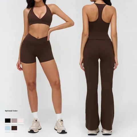 Ropa De Yoga Para Mujer Sujetador Chaqueta Leggings Pantalones Cortos Acampanados Nailon Elastano Elástico Cintura V Con Bolsillos Outfit