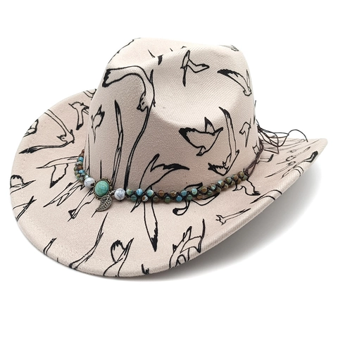 Western Cowboy Hat Polyester Felt Bird Print Bohemian Beaded Band Turquoise Leaf Pendant Wide Brim Ethnic Style