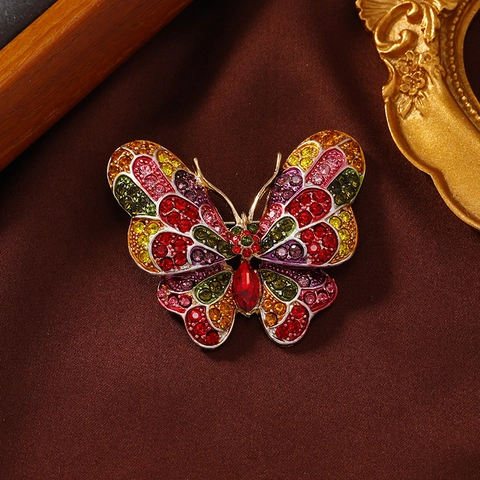 Vintage Butterfly Brooch Pin Alloy Multi-Color Rhinestone Inlaid Insect Design Fashion Accessory For Coat Suit
