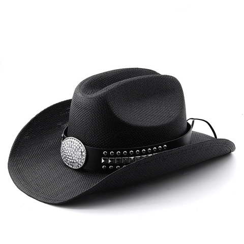 Western Cowboy Hat Woven Straw Punk Style Rivet Leather Belt Rhinestone Wide Brim Sun Protection For Men Women