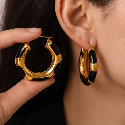 Stainless Steel Chunky Hoop Earrings Gold Plated Black Enamel Drip Oil Geometric Hollow Earrings For Women Minimalist Jewelry