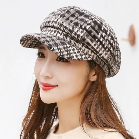 Cappello Ottagonale Retrò a Quadri da Donna Stile Britannico Berretto Newsboy in Misto Lana Basco Caldo Invernale