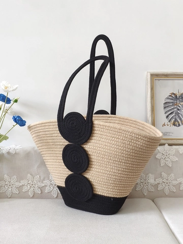 Women Woven Tote Bag Cotton Rope Straw Beach Vacation Shoulder Handbag Large Capacity Contrast Color Fashion Casual