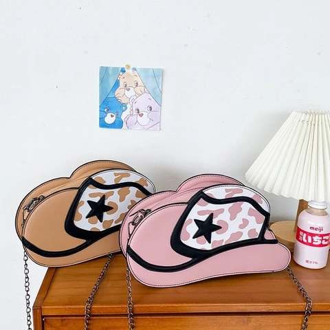 Sac Bandoulière En Forme De Chapeau De Cow-boy Cuir PU Imprimé Vache Décor Étoile Nouveauté Style Western Femmes Chaîne Métallique