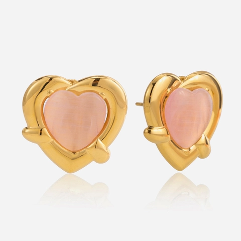 Stainless Steel Pink Cat Eye Heart Stud Earrings Gold Plated Waterproof Hypoallergenic Sweet Chic Jewelry For Women