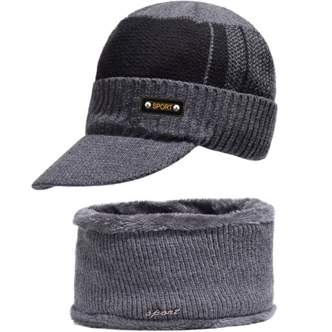 Winter Gebreide Muts En Nekwarmer Voor Heren Dikke Fleece Voering Warm Buiten Vizier Pet Sportief Effen Kleur