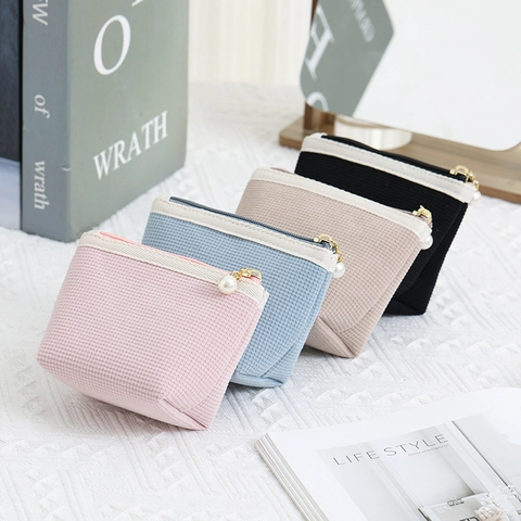 Makeup Bag Corduroy Waffle Texture Large Capacity Portable Cosmetic Storage Travel Wash Organizer Artificial Pearl Zipper For Women