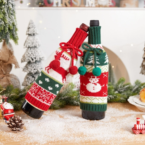 Christmas Wine Bottle Covers Knitted Gnome Santa Snowman Reindeer Pattern Holiday Table Party Decor Festive Bottle Sleeve