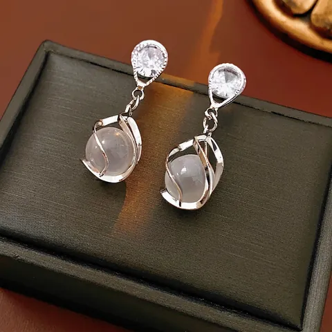 Cat Eye Stone Dangle Earrings With Zircon Hollow Cage Design Elegant Water Drop Jewelry Silver Earring Post
