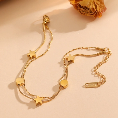 Bracelet Multi Rangs En Acier Inoxydable Plaqué Or Étoile Et Disque Rond Chaîne Serpent Bijoux Pour Femmes