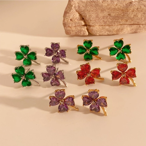 Lucky Clover Stud Earrings Stainless Steel With Heart Shaped Cubic Zirconia Elegant Fashion Jewelry For Women