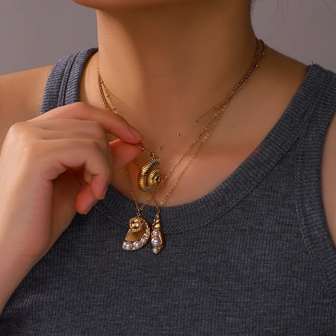 Stainless Steel Ocean Nautilus Shell Pendant Necklace Earring Set 18K Gold Plated Artificial Pearl Zircon Jewelry For Women