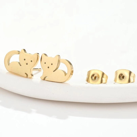 Pendientes de Botón de Animales de Acero Inoxidable Minimalistas Gato Conejo Tortuga Búho León Joyas de Moda para Mujer
