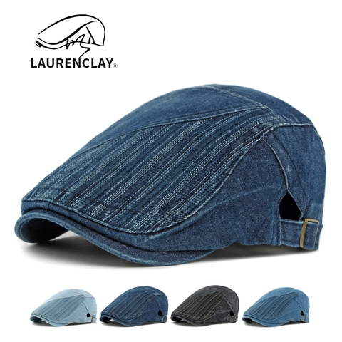 Béret En Jean Lavé Rétro Casquette Plate Patchwork À Rayures Ivy Chapeau Boucle Réglable Style Britannique