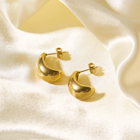 C Shape Hoop Earrings 18K Gold Plated Stainless Steel Hollow Geometric Bean Studs Minimalist Jewelry For Women
