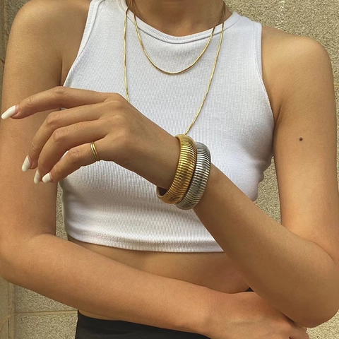 Bracciale Tubogas In Acciaio Inossidabile Largo Elastico Trama Spirale Minimalista Punk Hip Hop Rigido Sovrapponibile Gioielli