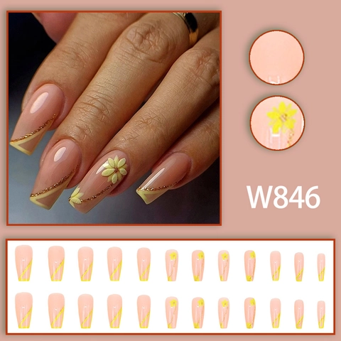 Long Coffin Plastic Press On Nails Yellow French Tip Flower Design Gold Glitter Glossy False Nail Tips For Women