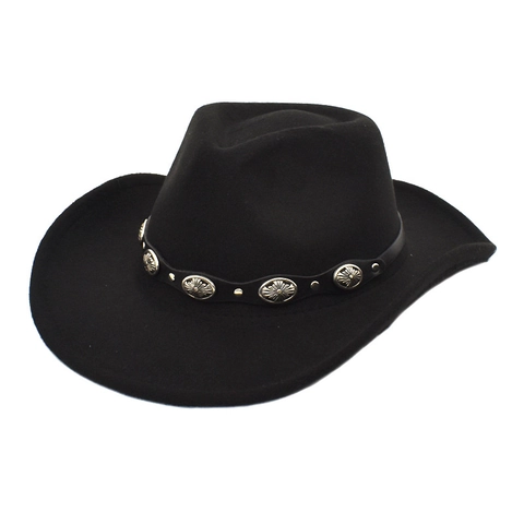 Western Cowboy Hat Wide Brim Felt Vintage Ethnic Concho Band Fedora Jazz Cap For Men Women