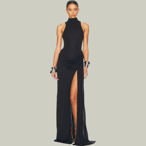 Vestito Maxi Senza Maniche Donna Collo Alto Sexy Spacco Alto Arricciato Poliestere Raso Di Latte