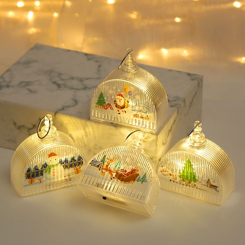 Christmas Led Lantern Transparent Plastic Warm Night Light Hanging Ornament Holiday Desktop Decor Santa Snowman Pattern