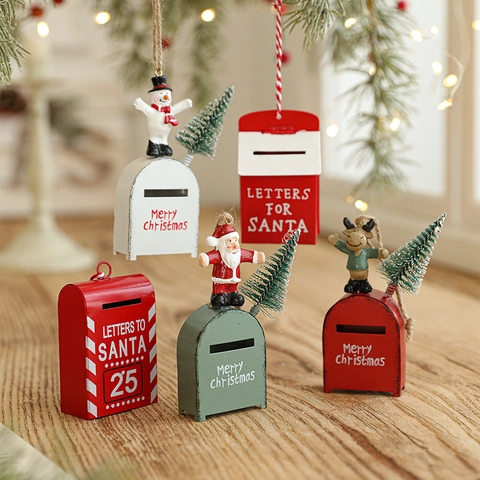 Christmas Mailbox Ornament Metal Mini Postbox Hanging Decor With Santa Snowman Figurines For Holiday Tree Decoration