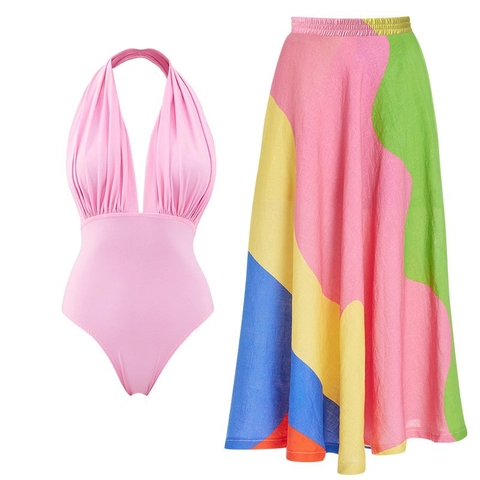 Costume Da Bagno Intero Con Scollo A V Allacciato Al Collo Con Decorazione Floreale 3D E Gonna Lunga Patchwork Color Block Da Donna