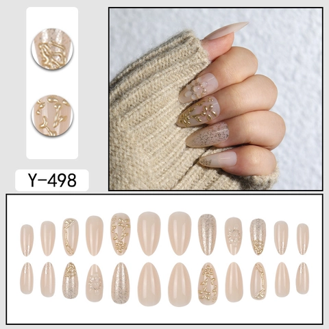 Press-On-Nägel 3D-Prägeblume Goldglitter Mandelform Nude-Rosa Glänzende Künstliche Falsche Nägel Für Frauen