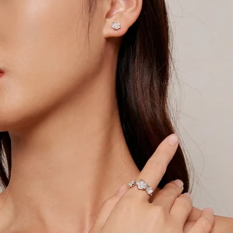 Joyería De Plata Esterlina 925 Flor Anillo Ajustable Y Pendientes De Botón Con Circonita Para Mujer Accesorio Elegante Brillante