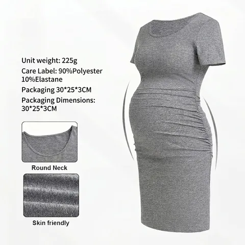 Robe De Maternité À Manches Courtes Côtés Froncés Col Rond Moulante Coupe Ajustée Gris Extensible Vêtement Grossesse