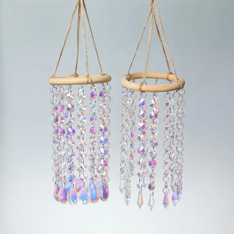 Crystal Suncatcher Wind Chime Wooden Ring Iridescent Hanging Decoration For Garden Patio Window Bohemian Minimalist Style