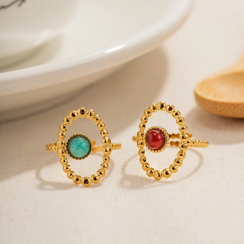 Vintage Luxury Open Ring Stainless Steel Natural Stone Oval Bead Border Adjustable Bohemia Jewelry For Women