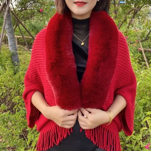 Women Knit Poncho Shawl With Faux Fur Collar Tassels Thick Warm Winter Wrap Cape Outerwear Elegant Autumn Lady Cloak