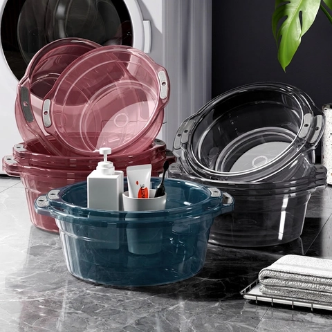 Bassine En Plastique Domestique Salle De Bain Lavage Du Visage Lessive Double Poignée Épaissie Antidérapante Transparente PP