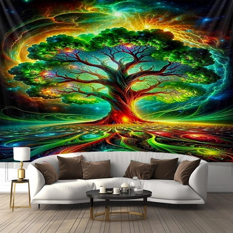 Fantasy Forest Tree Of Life Wall Tapestry Polyester Magical Book Unicorn Waterfall Hanging Cloth Bedroom Living Room Decor