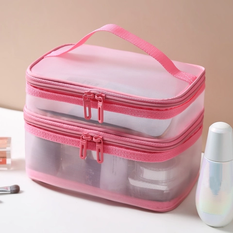 Mesh Cosmetic Bag Travel Toiletry Organizer Portable Large Capacity Makeup Pouch With Handle Zipper Multi Layer