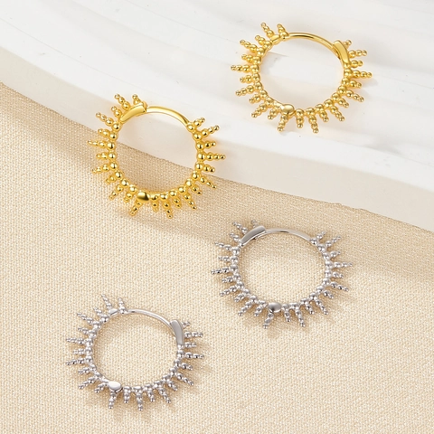 925 Sterling Silver Beaded Hoop Earrings For Women Minimalist Sunburst Radiating Geometric Ear Jewelry Gold Silver Plated